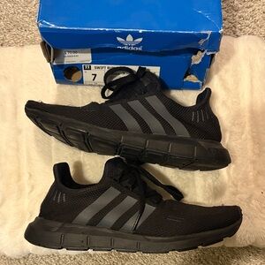 adidas Women’s  Swift Run  Black Athletic Sneakers with Gray Stripes